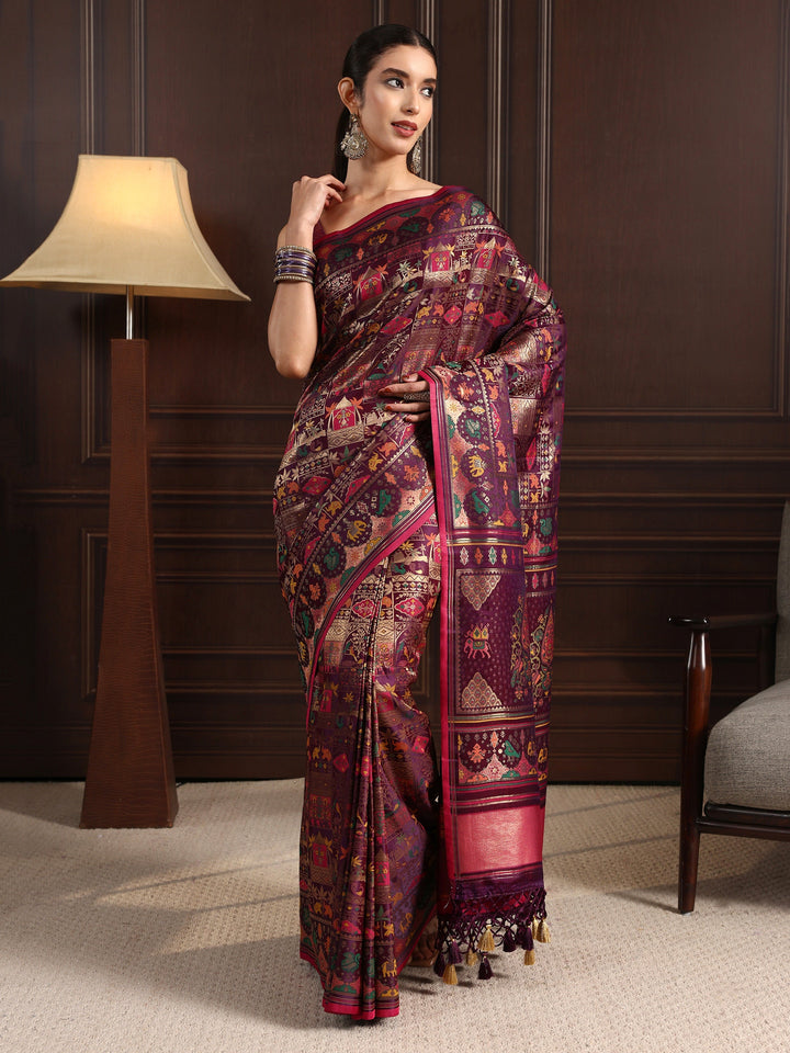 Libas Art Purple Patola Style Woven Design Silk Blend Tassel Saree