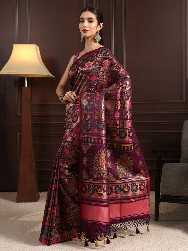 Libas Art Purple Patola Style Woven Design Silk Blend Tassel Saree