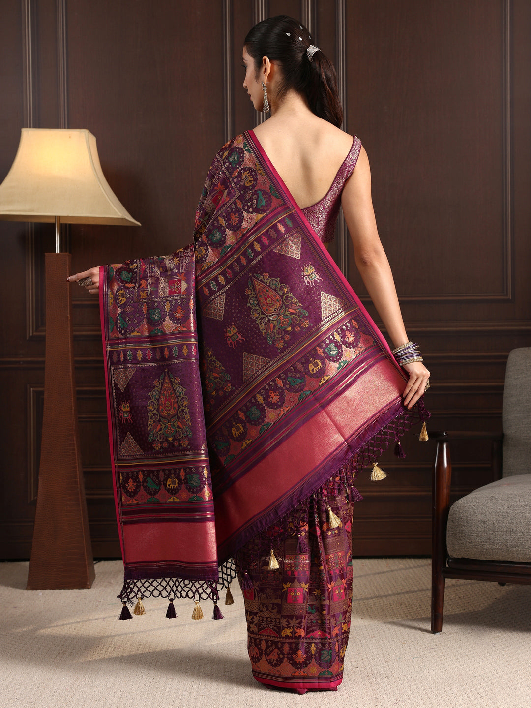 Libas Art Purple Patola Style Woven Design Silk Blend Tassel Saree
