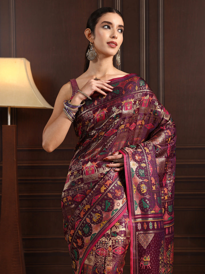 Libas Art Purple Patola Style Woven Design Silk Blend Tassel Saree