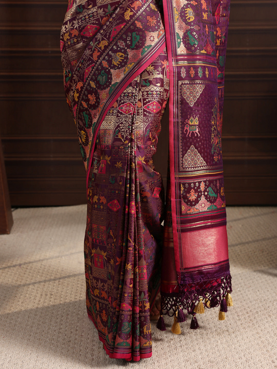 Libas Art Purple Patola Style Woven Design Silk Blend Tassel Saree