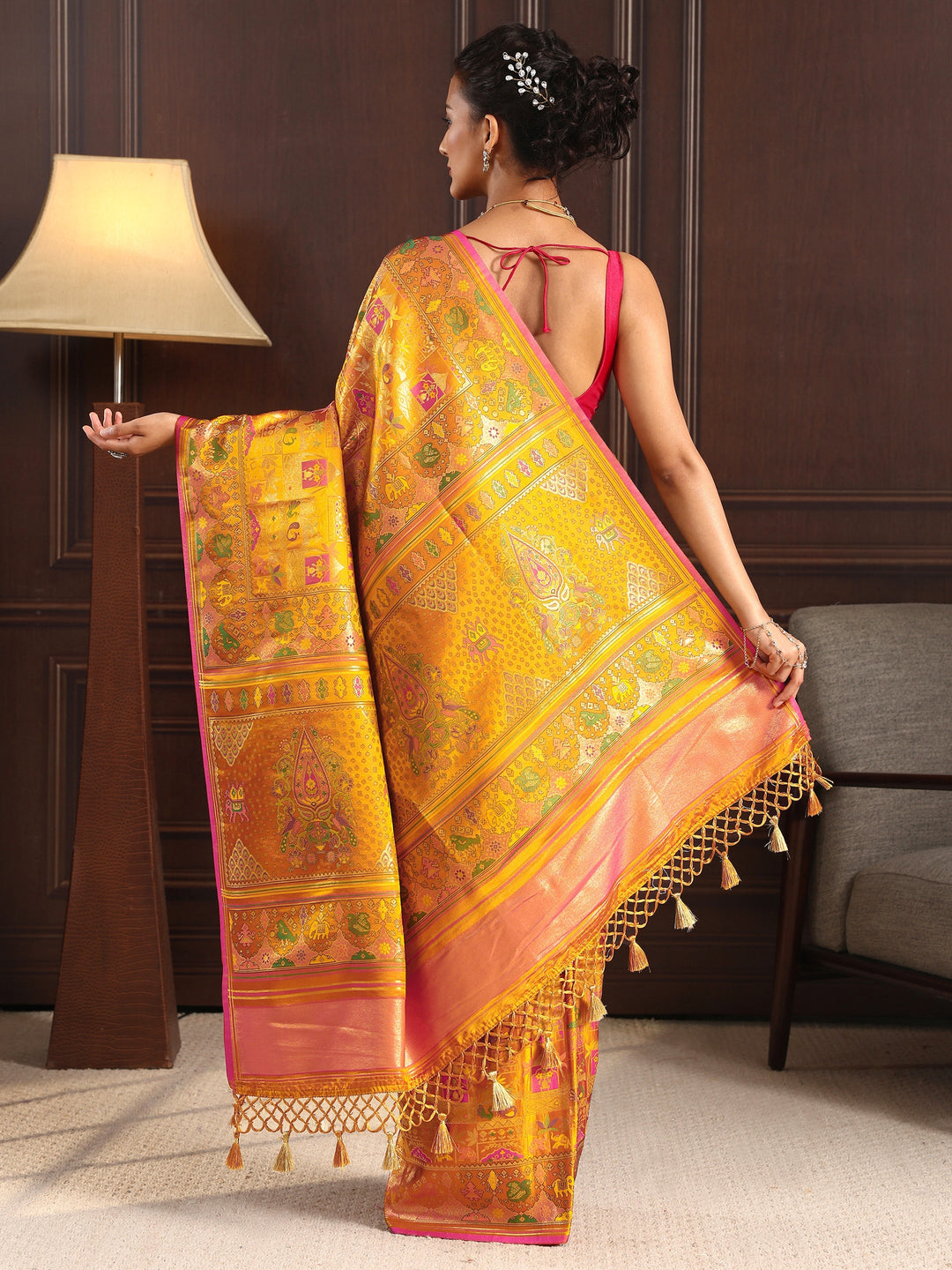 Libas Art Mustard Patola Style Woven Design Silk Blend Tassel Saree