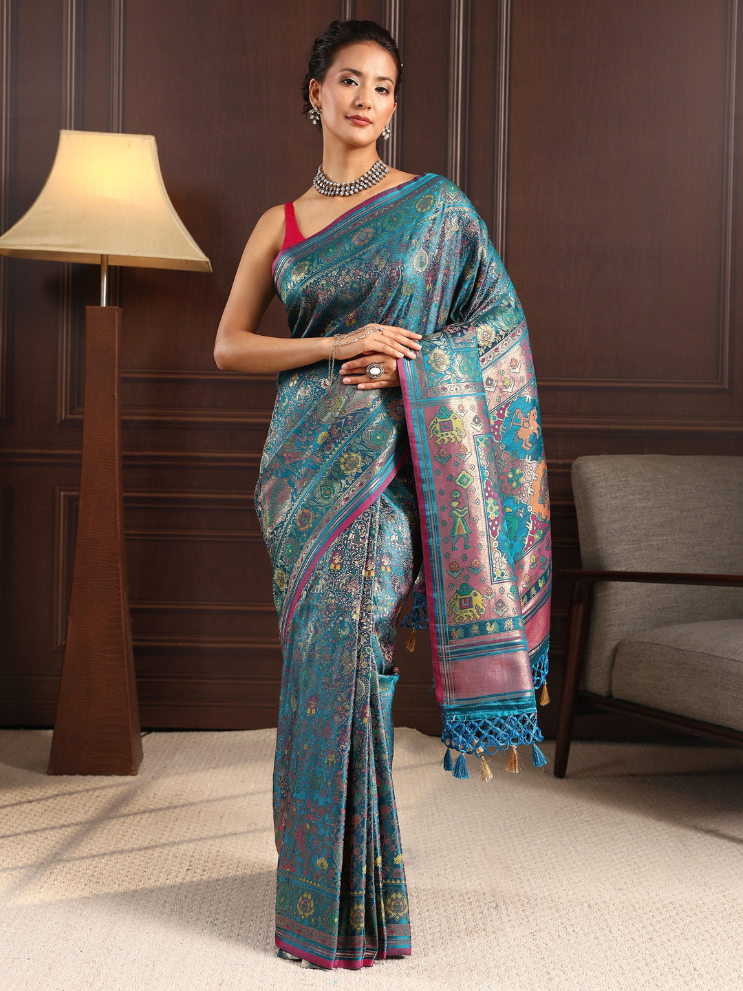 Libas Art Blue Patola Style Woven Design Silk Blend Tassel Saree