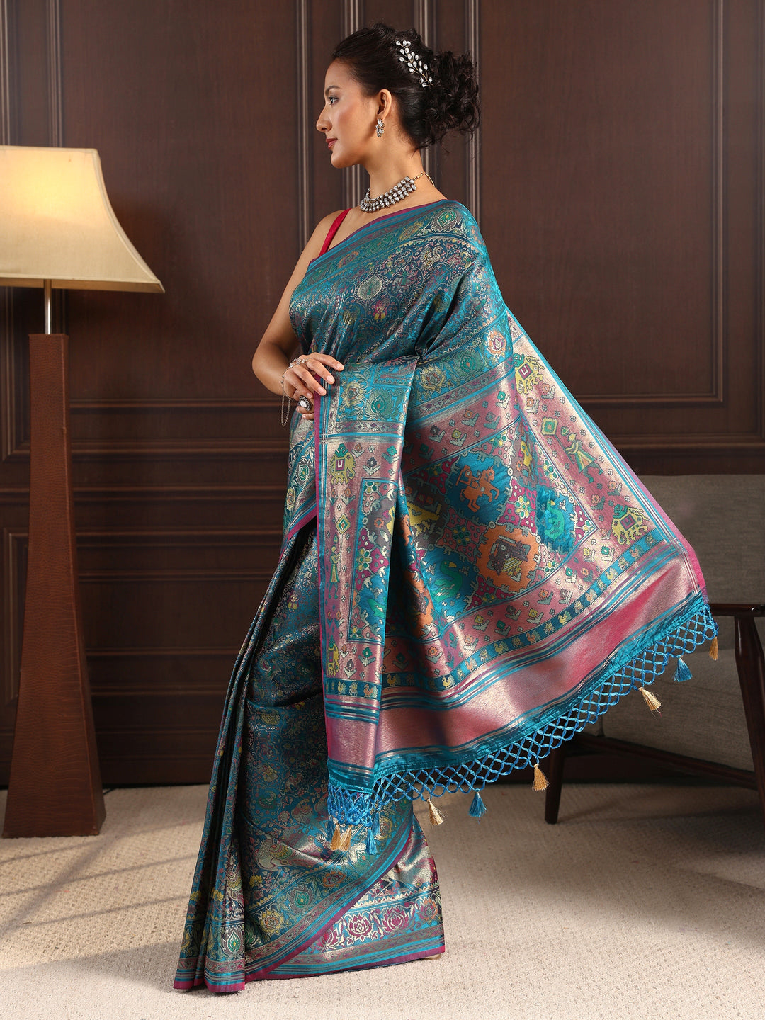 Libas Art Blue Patola Style Woven Design Silk Blend Tassel Saree