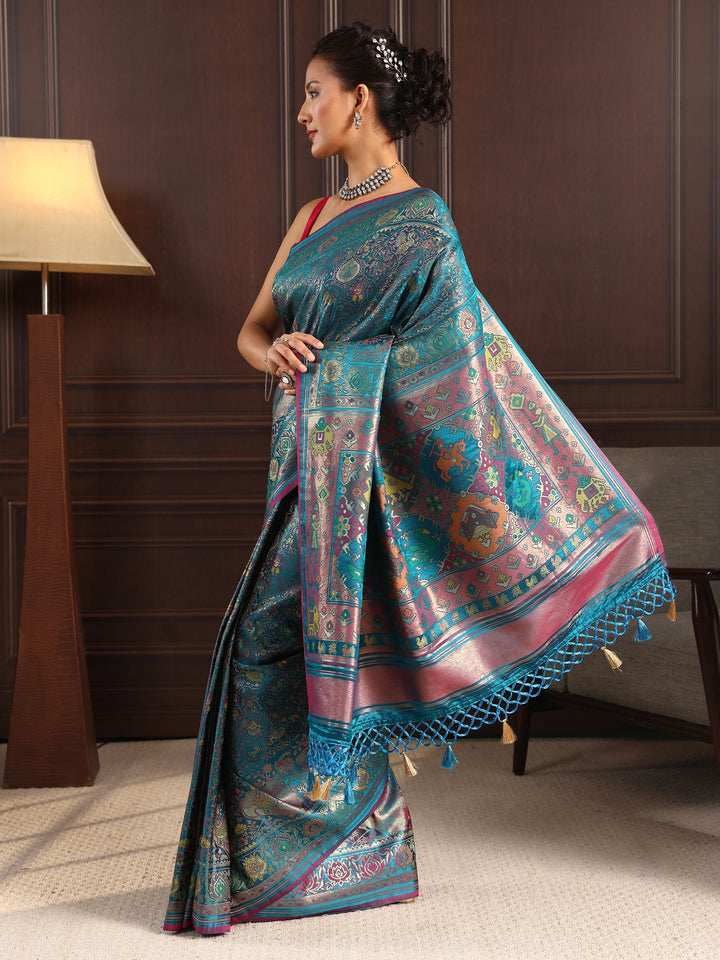 Libas Art Blue Patola Style Woven Design Silk Blend Tassel Saree