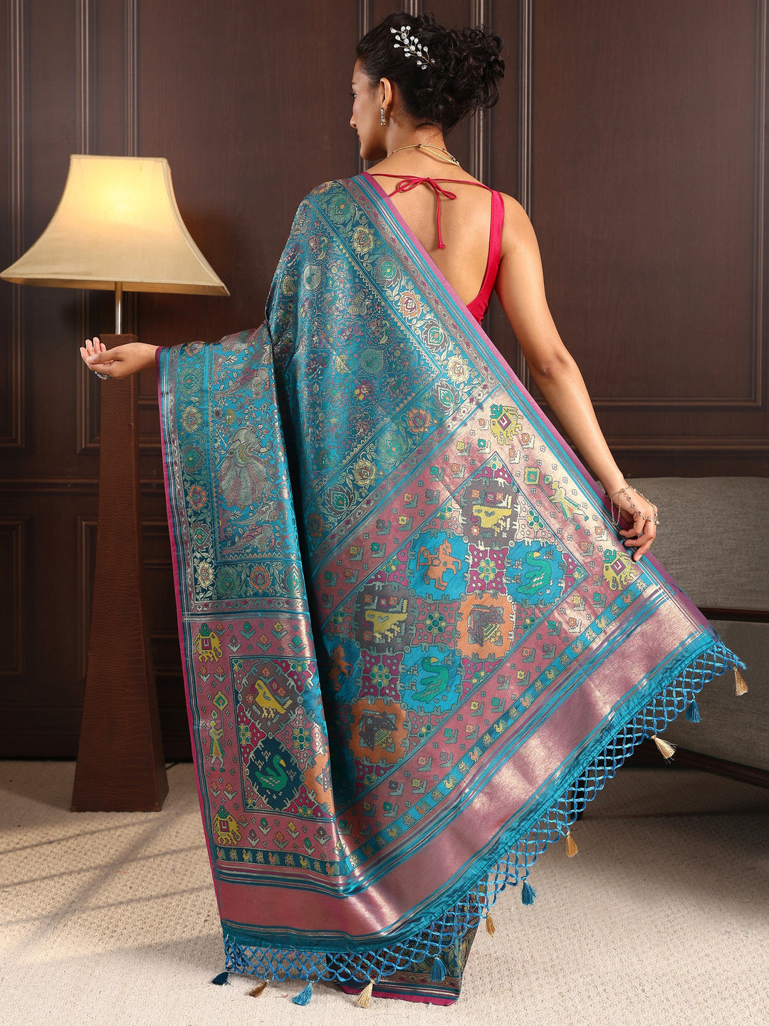 Libas Art Blue Patola Style Woven Design Silk Blend Tassel Saree