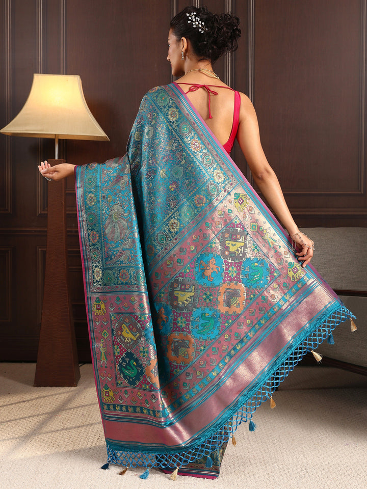 Libas Art Blue Patola Style Woven Design Silk Blend Tassel Saree
