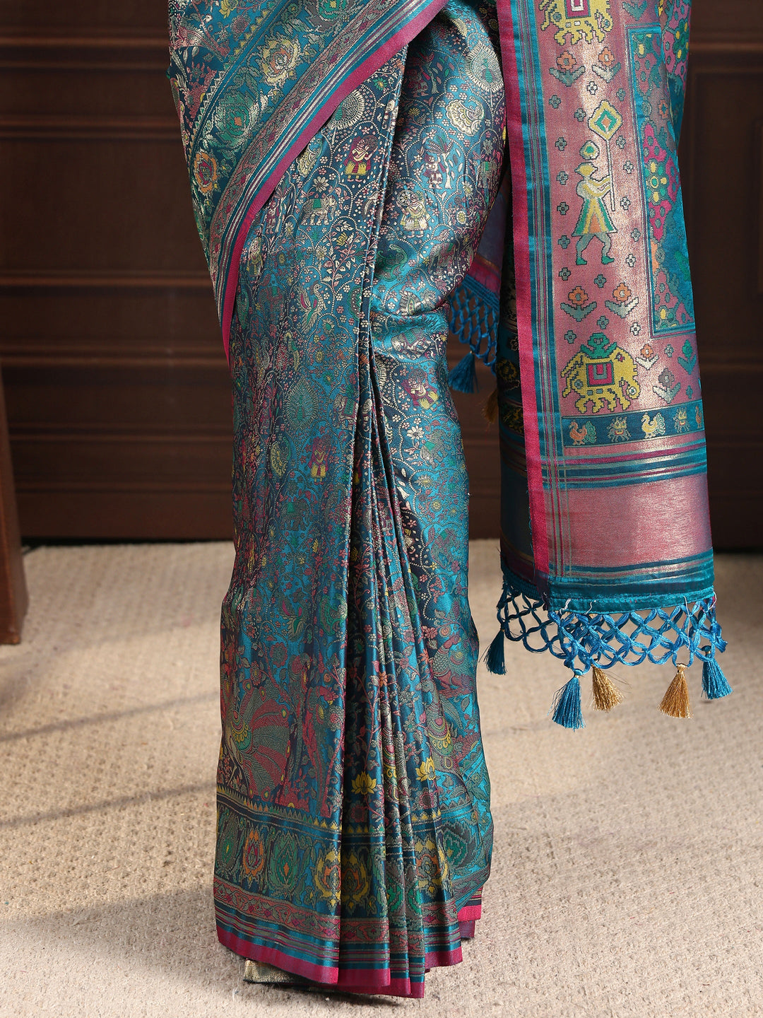 Libas Art Blue Patola Style Woven Design Silk Blend Tassel Saree