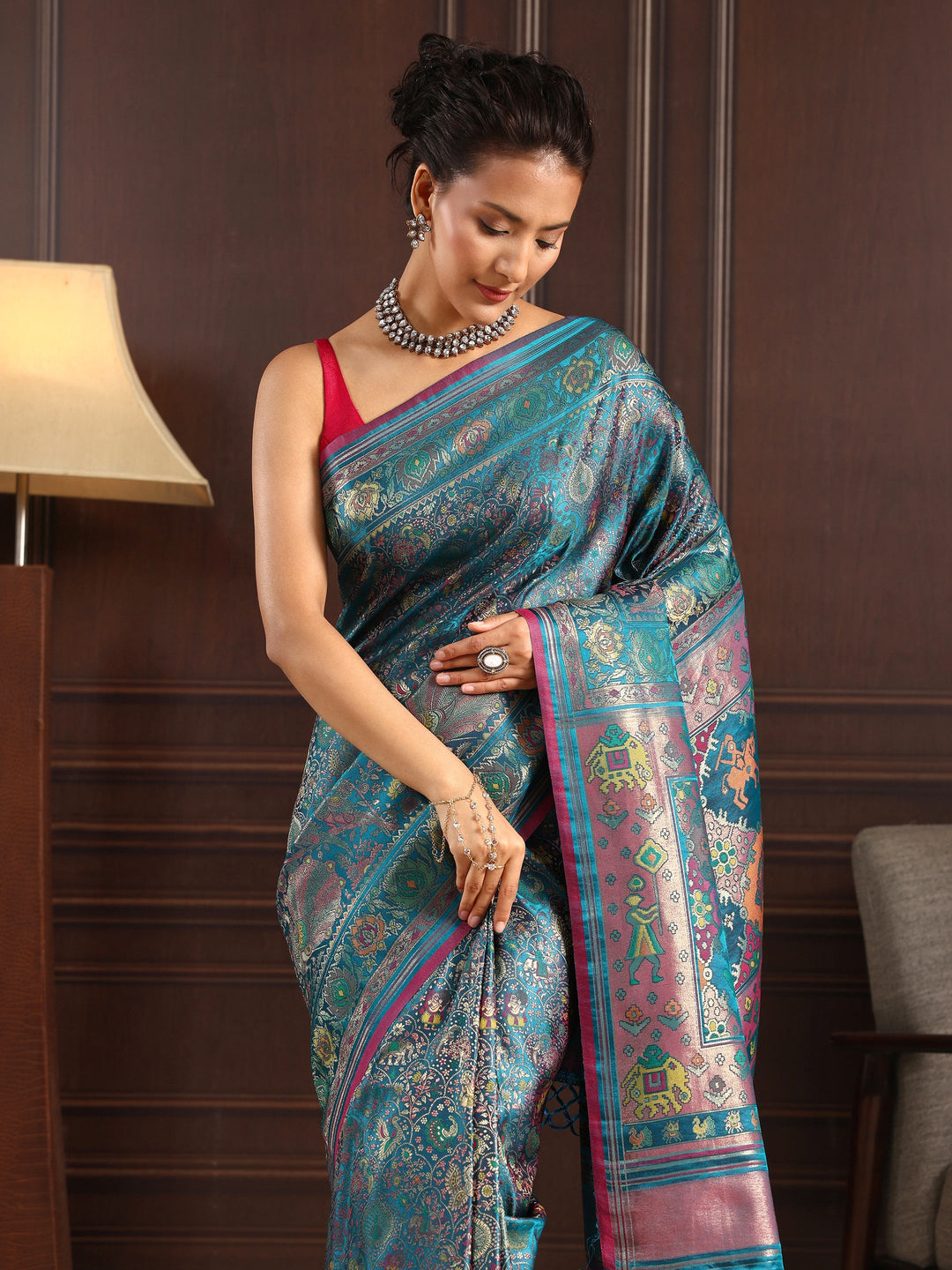 Libas Art Blue Patola Style Woven Design Silk Blend Tassel Saree