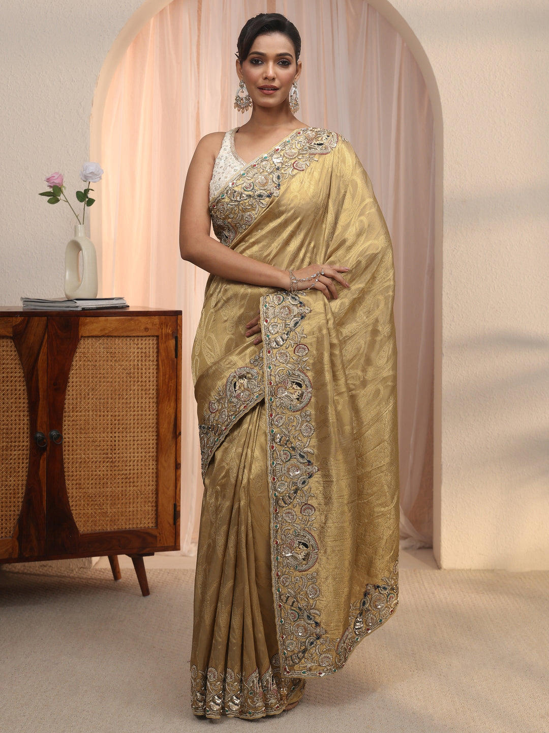 Libas Art Golden Woven Design Tissue Saree with Embellished Border