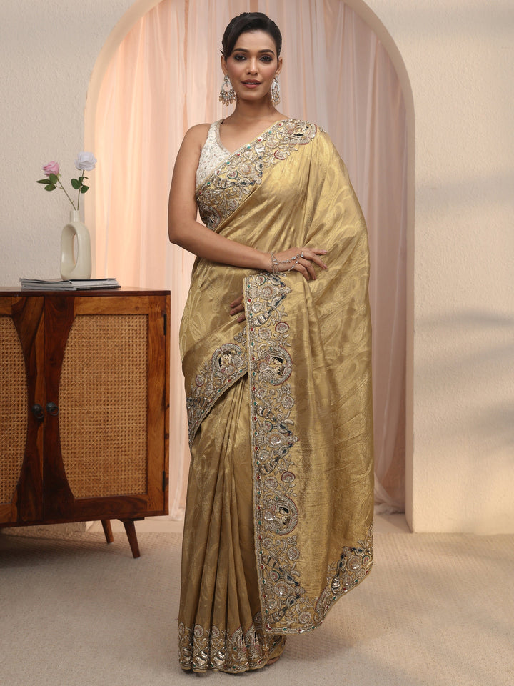 Libas Art Golden Woven Design Tissue Saree with Embellished Border