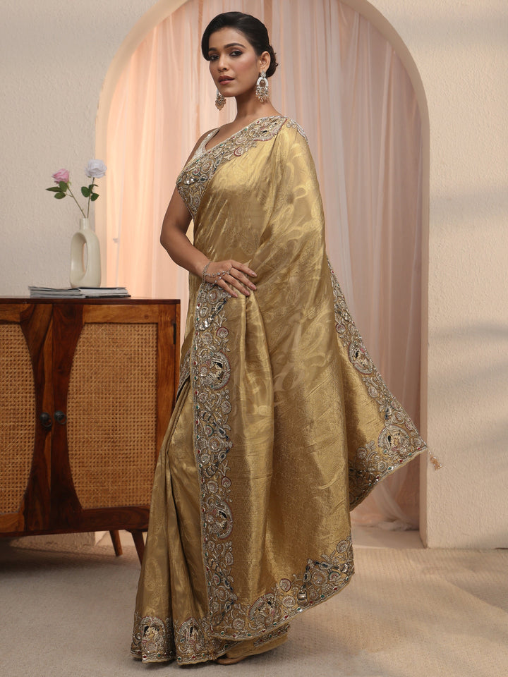 Libas Art Golden Woven Design Tissue Saree with Embellished Border
