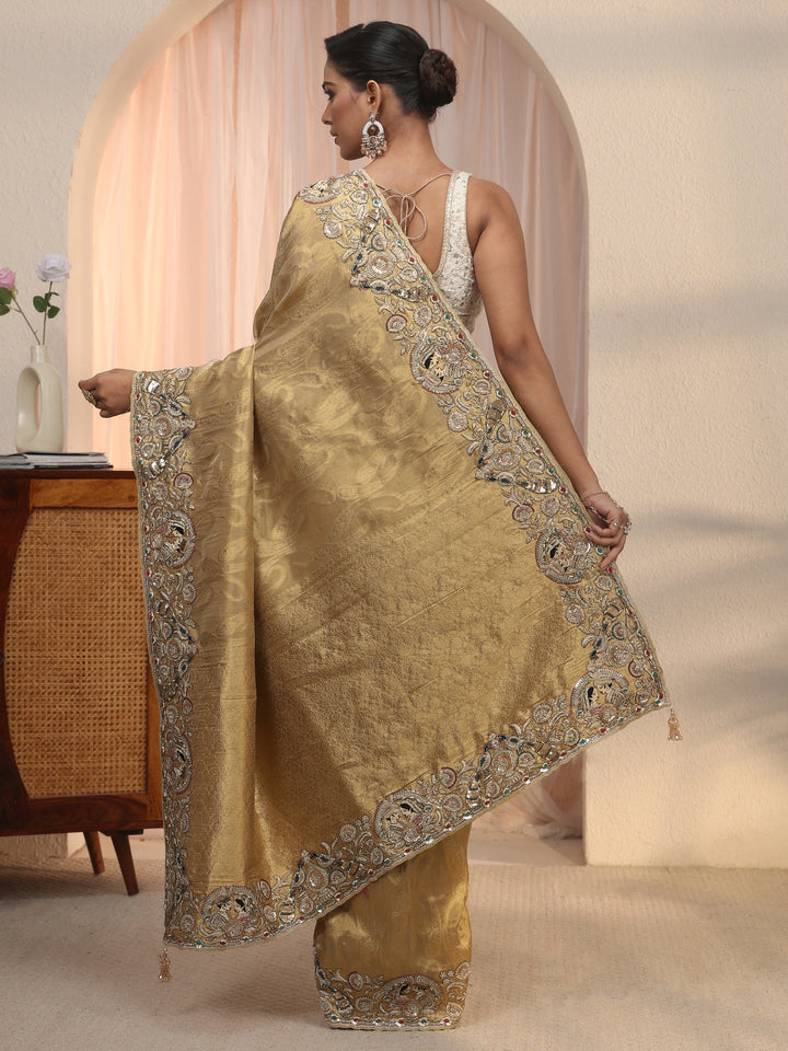 Libas Art Golden Woven Design Tissue Saree with Embellished Border