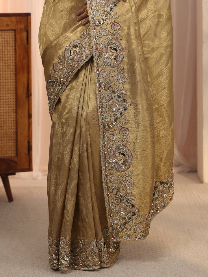 Libas Art Golden Woven Design Tissue Saree with Embellished Border