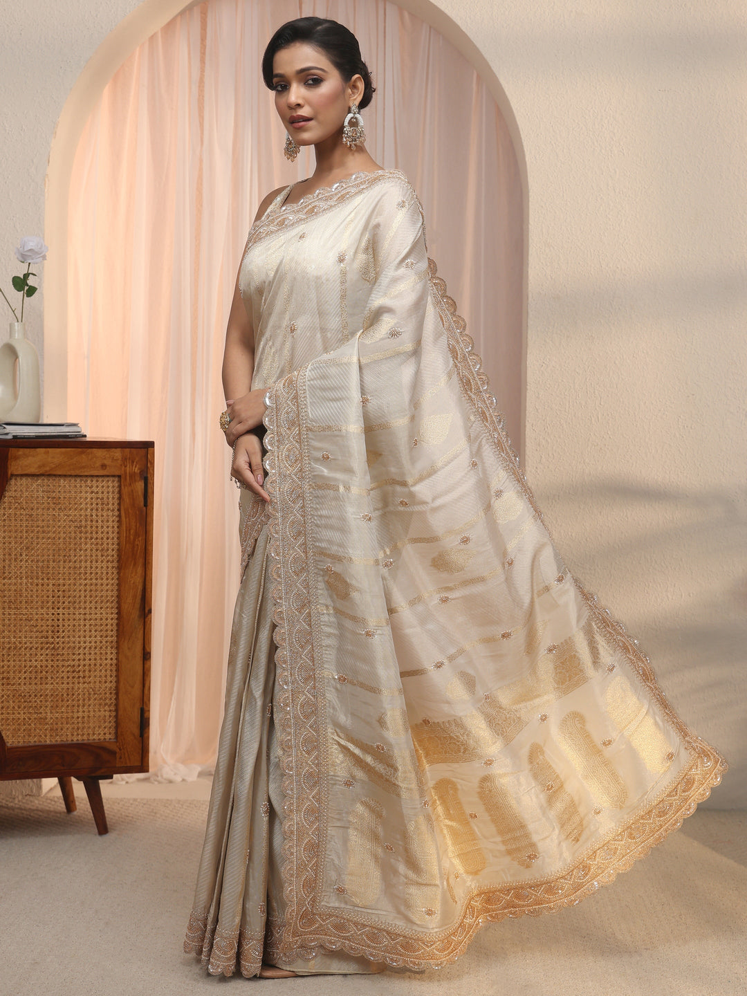 Libas Art Taupe Woven Design Tissue Saree with Embellished Border