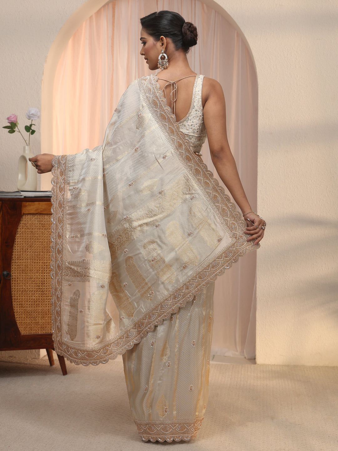 Libas Art Taupe Woven Design Tissue Saree with Embellished Border