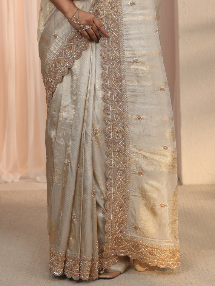 Libas Art Taupe Woven Design Tissue Saree with Embellished Border
