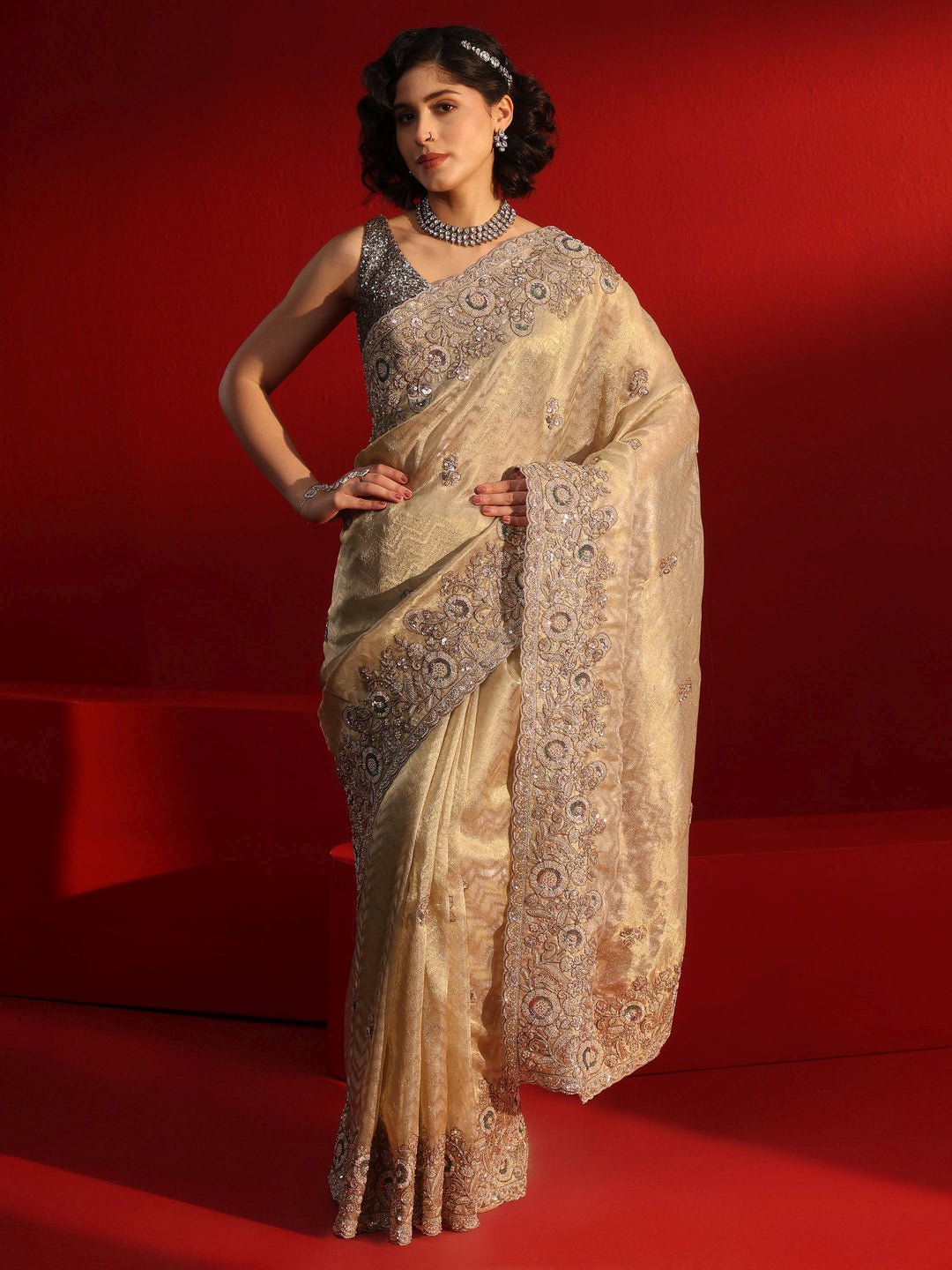 Libas Art Golden Chevron Woven Design with Embellished Border