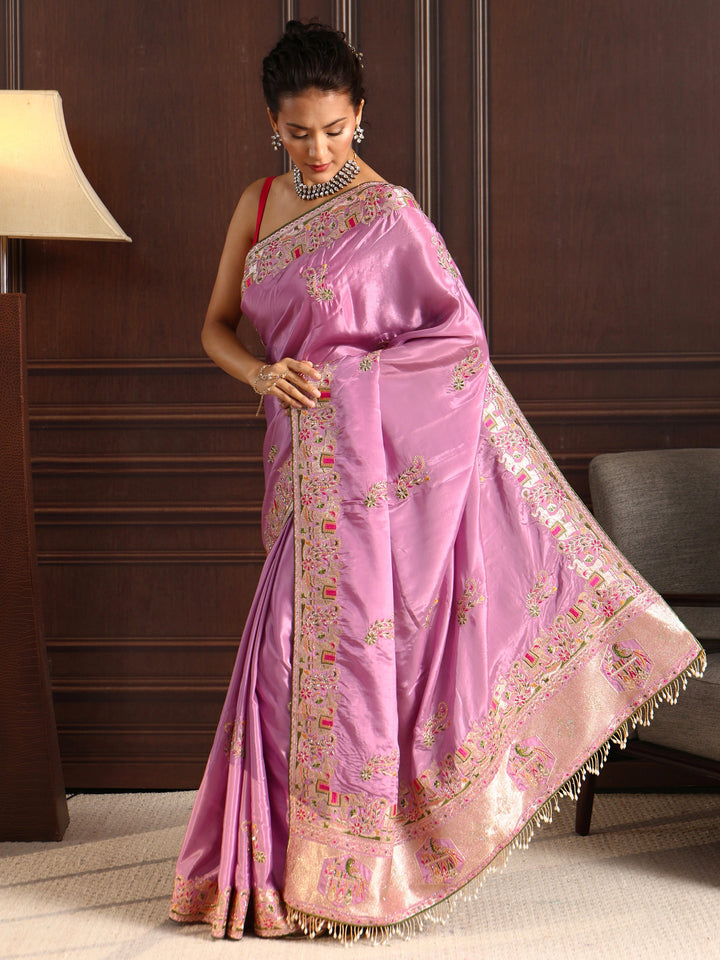 Libas Lavender Elephant Motif Embroidered Satin Saree with Embellishments