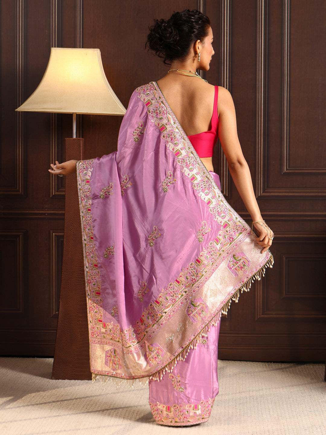 Libas Lavender Elephant Motif Embroidered Satin Saree with Embellishments