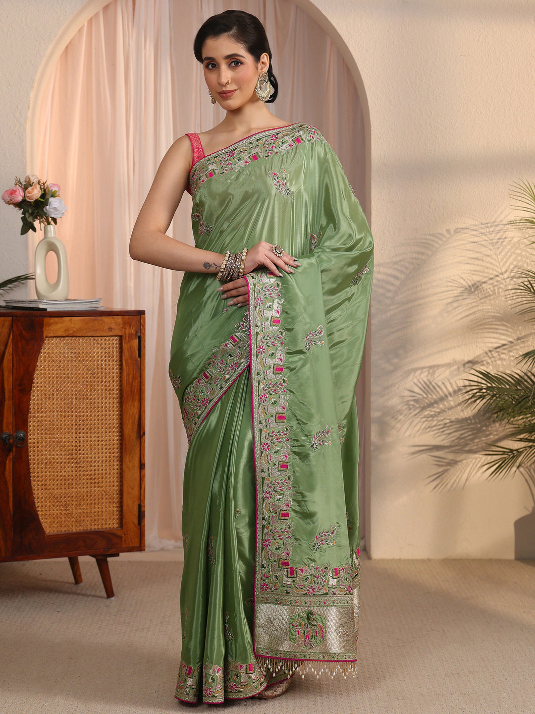 Libas Green Floral Embroidered Satin Tassel Saree