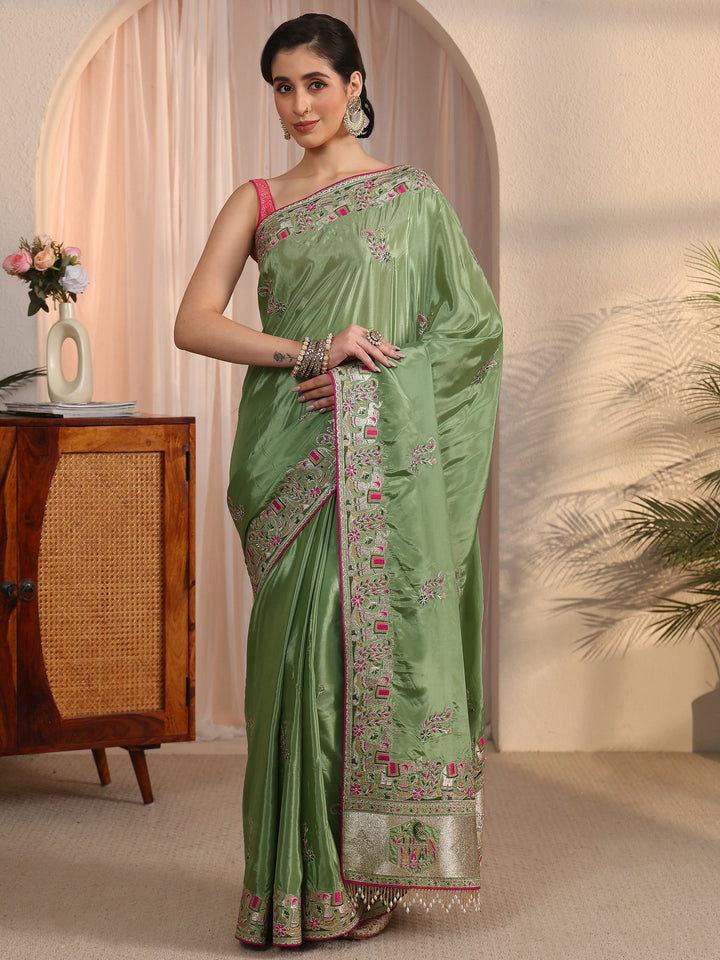 Libas Green Floral Embroidered Satin Tassel Saree