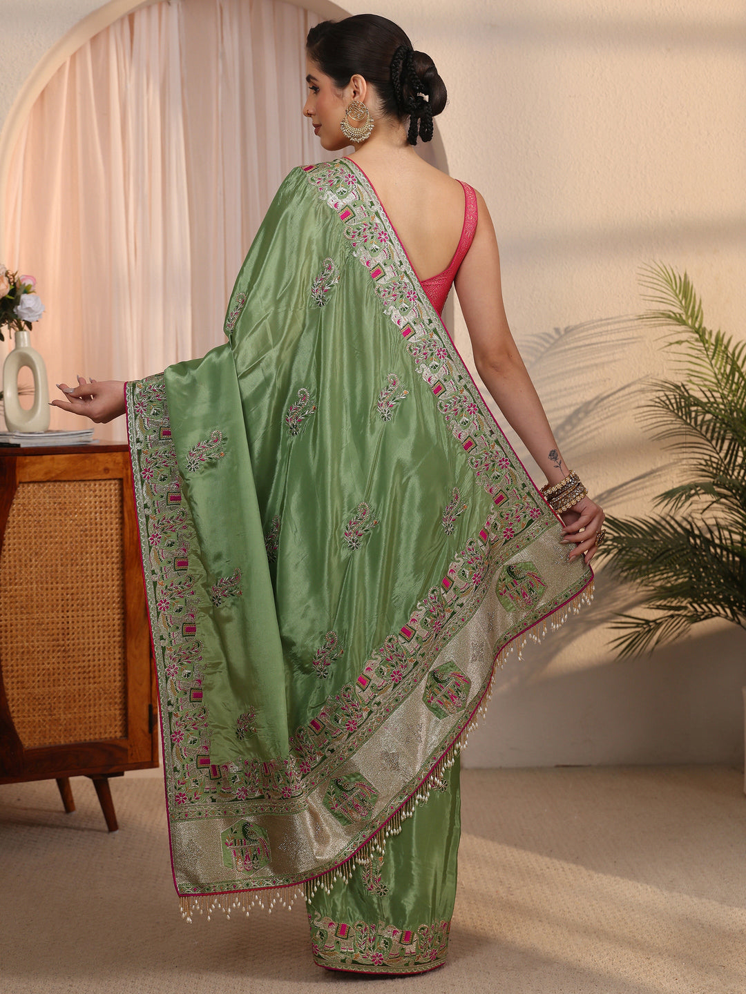 Libas Green Floral Embroidered Satin Tassel Saree