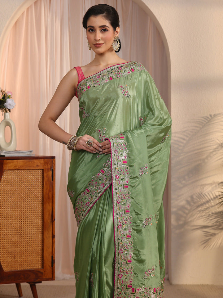 Libas Green Floral Embroidered Satin Tassel Saree