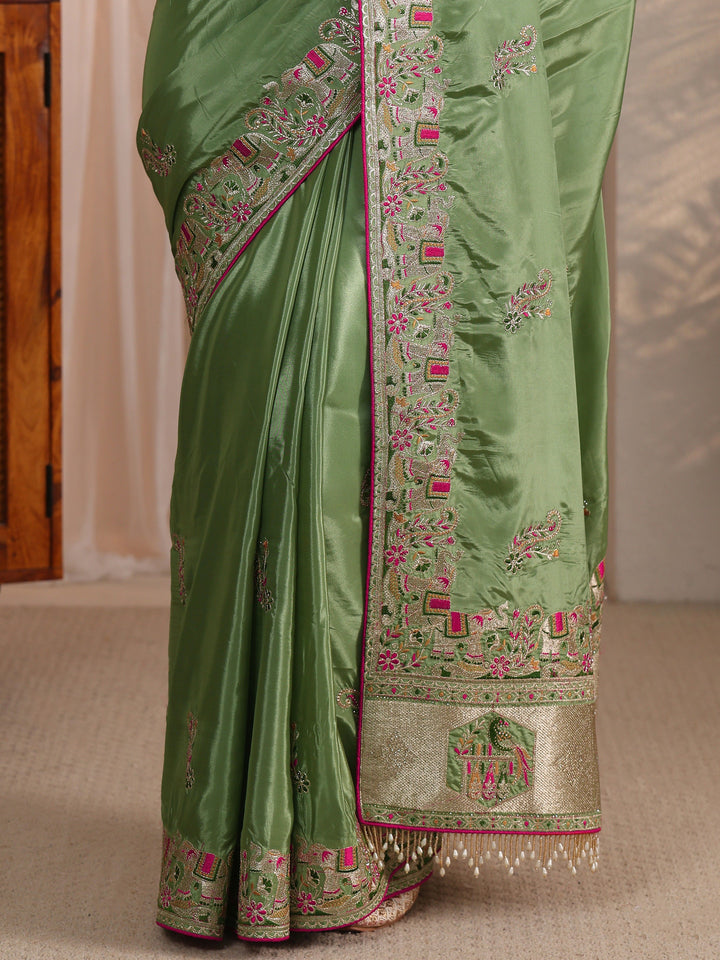 Libas Green Floral Embroidered Satin Tassel Saree