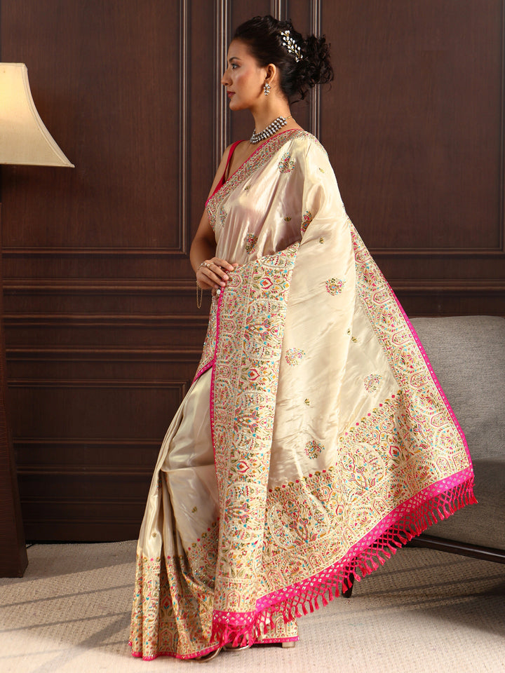 Libas Art Cream Floral Embroidered Satin Tassel Saree with Stone Work