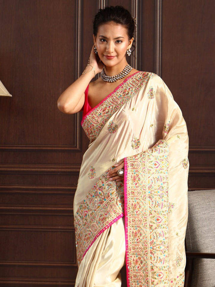 Libas Art Cream Floral Embroidered Satin Tassel Saree with Stone Work