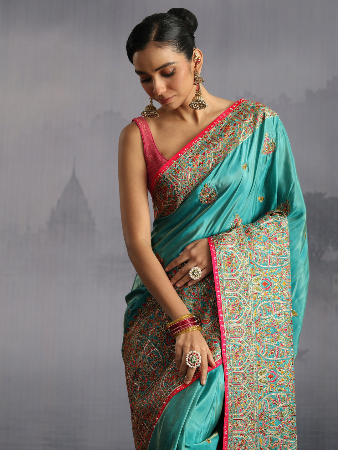Libas Art Blue Ethnic Embroidered Satin Tassel Saree
