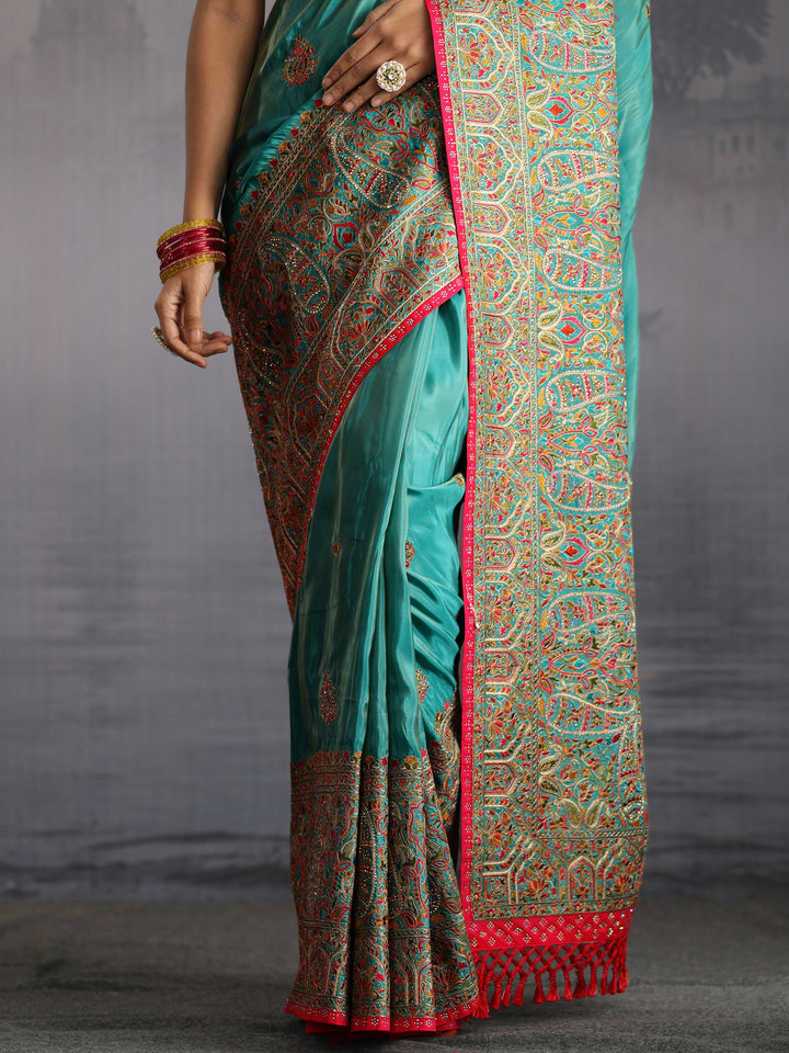 Libas Art Blue Ethnic Embroidered Satin Tassel Saree