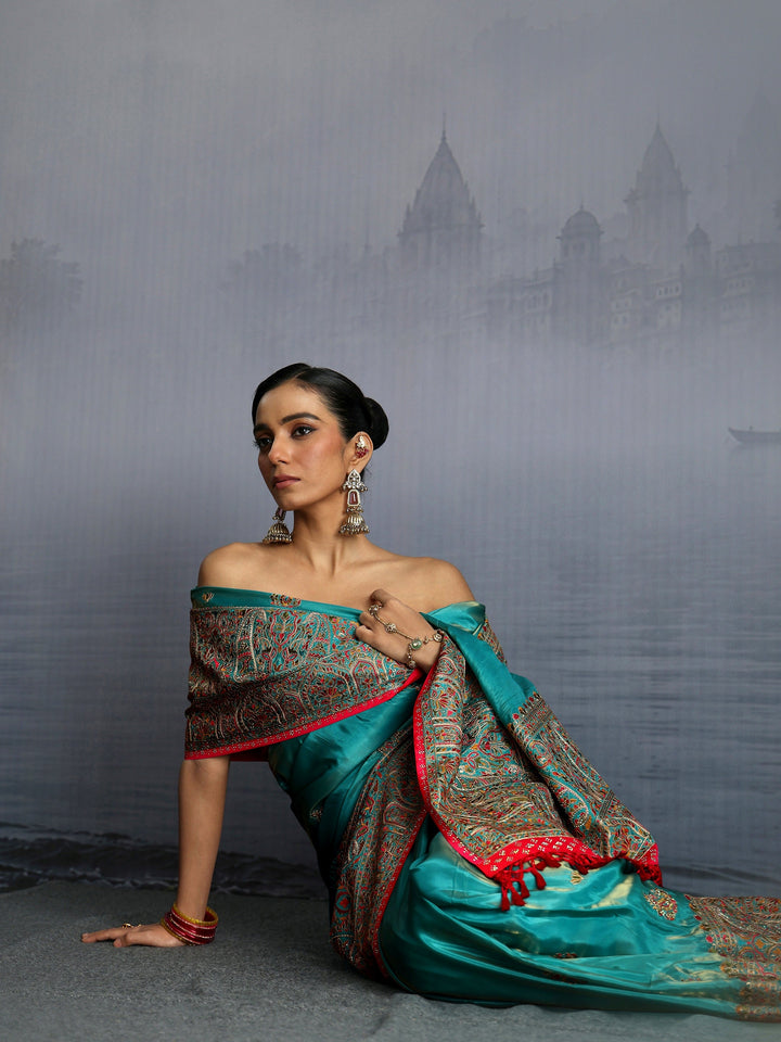 Libas Art Blue Ethnic Embroidered Satin Tassel Saree