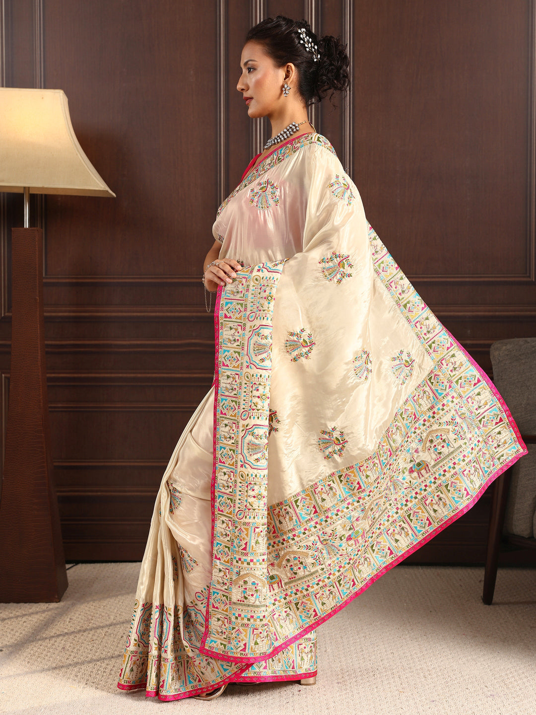 Libas Light Peach Pink Ethnic Embroidered Satin Saree