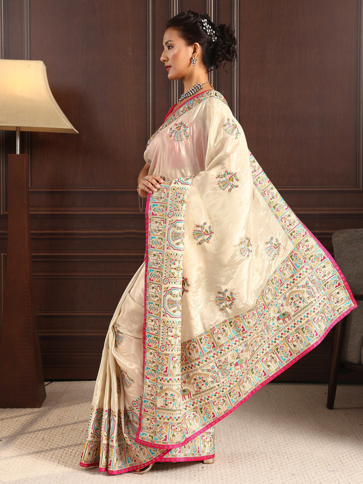 Libas Light Peach Pink Ethnic Embroidered Satin Saree