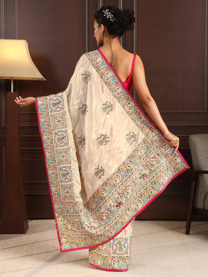 Libas Light Peach Pink Ethnic Embroidered Satin Saree