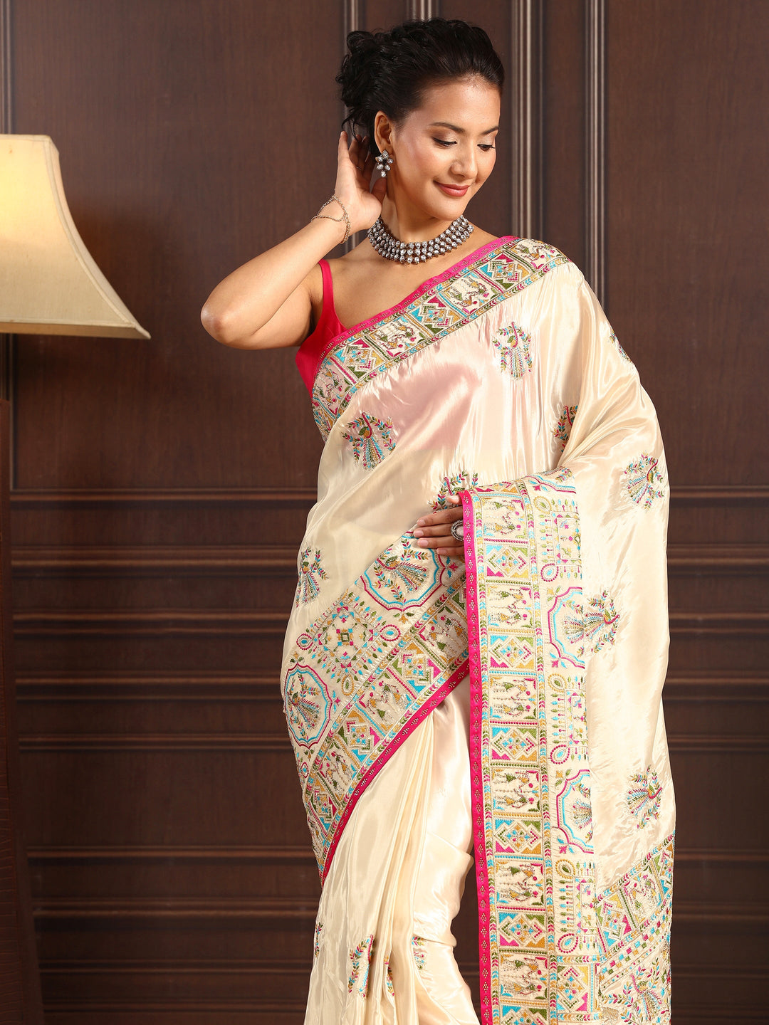 Libas Light Peach Pink Ethnic Embroidered Satin Saree