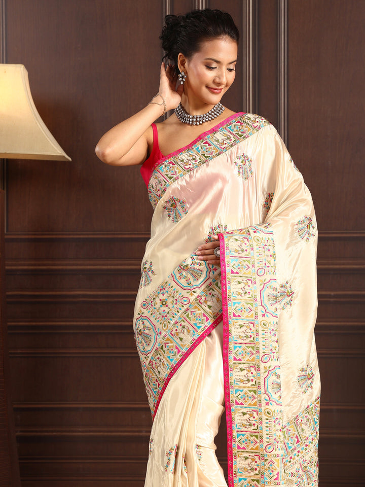 Libas Light Peach Pink Ethnic Embroidered Satin Saree