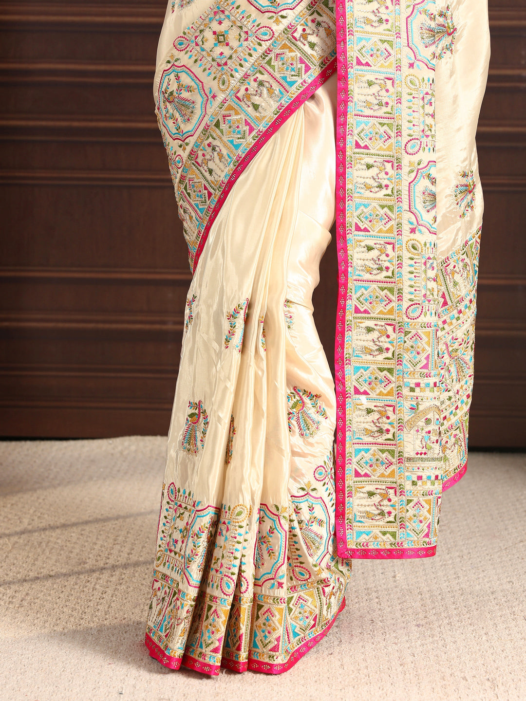 Libas Light Peach Pink Ethnic Embroidered Satin Saree