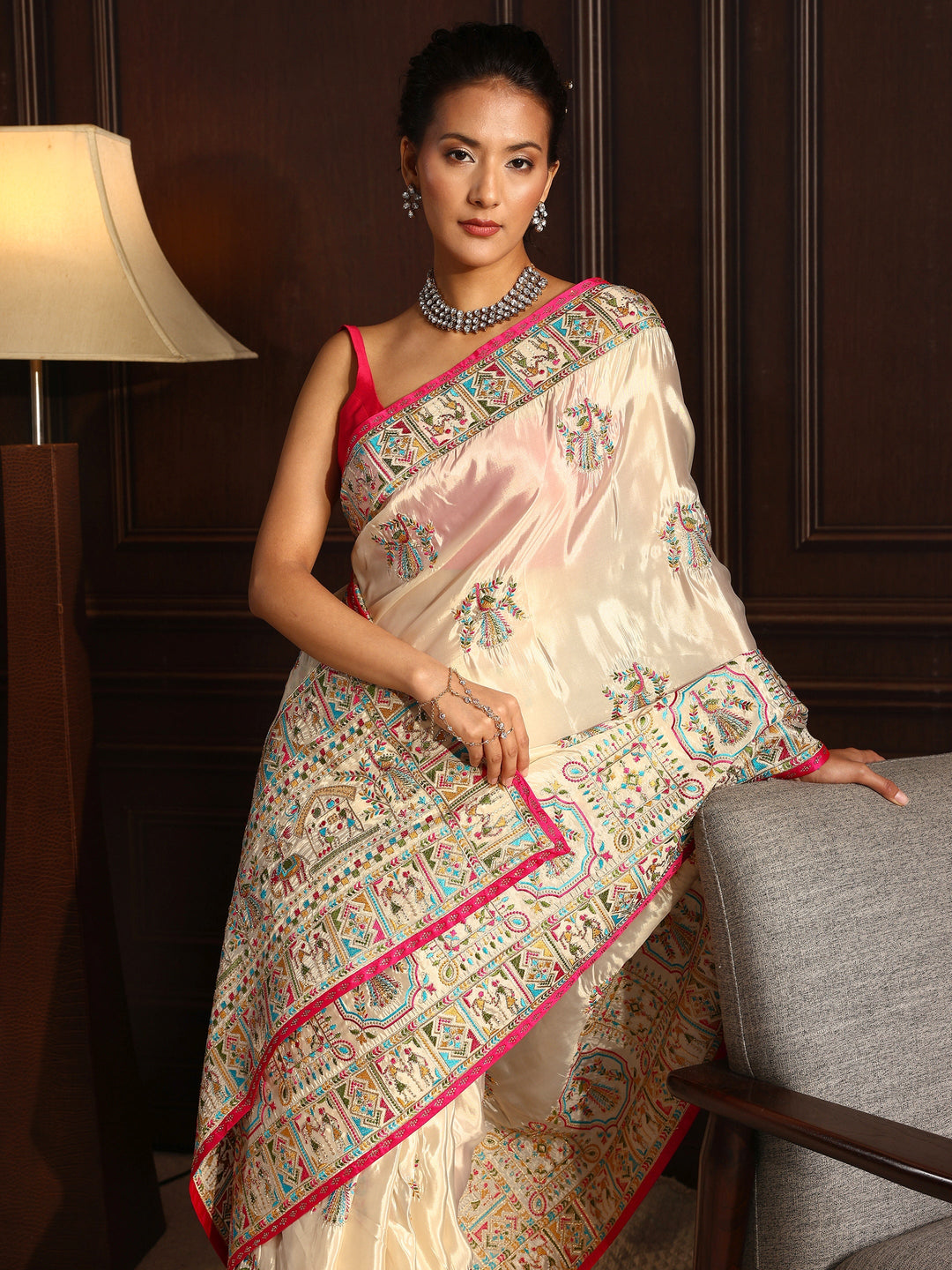 Libas Light Peach Pink Ethnic Embroidered Satin Saree