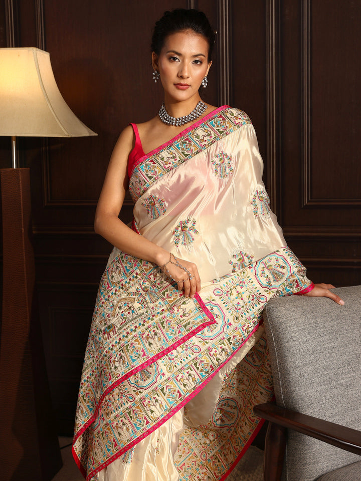 Libas Light Peach Pink Ethnic Embroidered Satin Saree