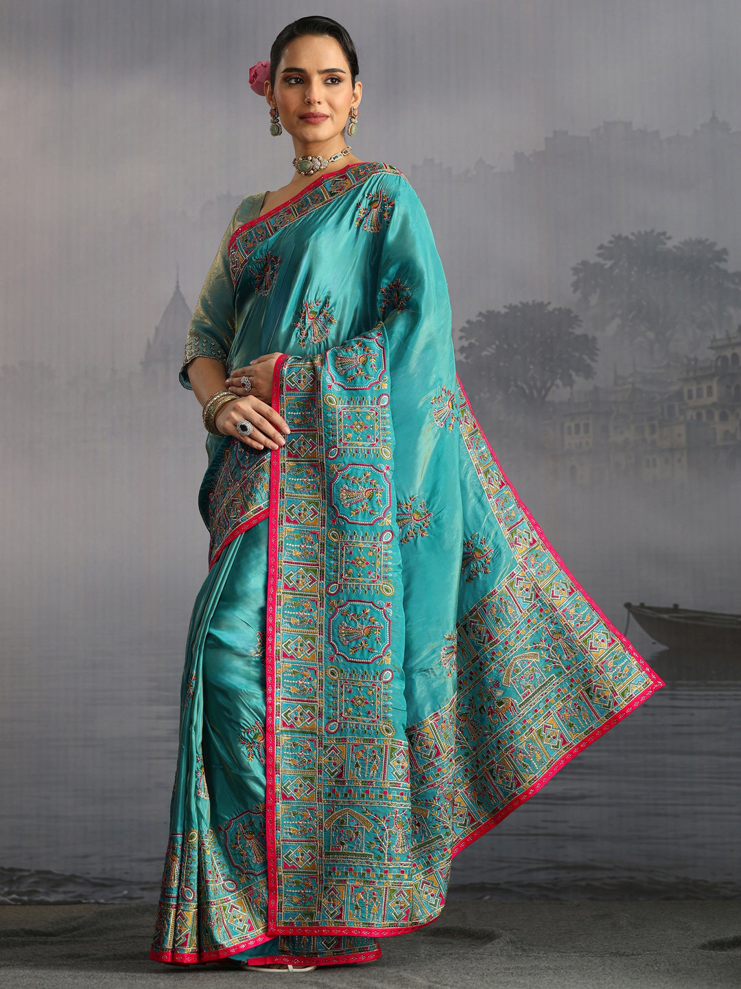 Libas Sea Green Kutch Embroidered Satin Saree