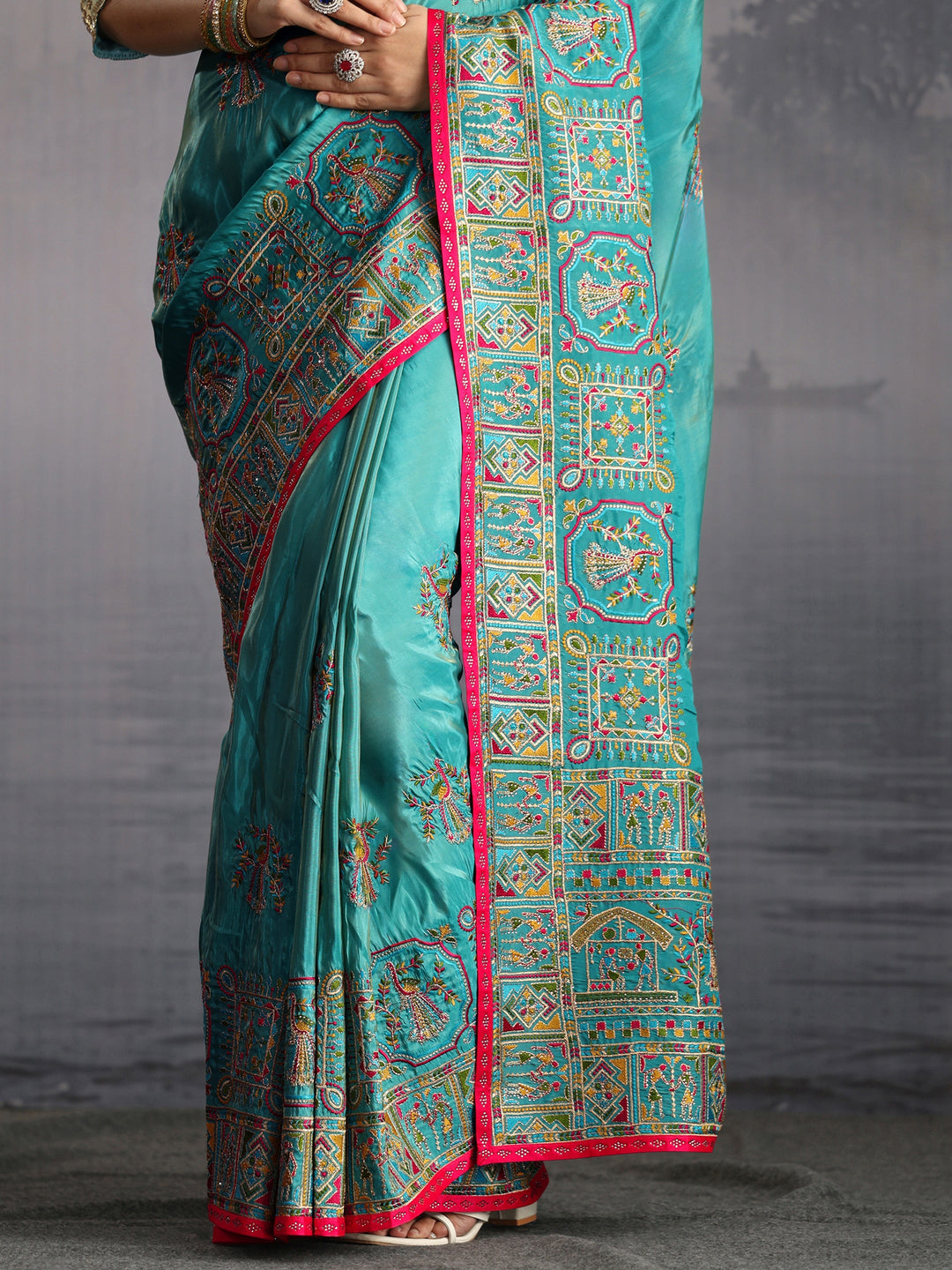 Libas Sea Green Kutch Embroidered Satin Saree