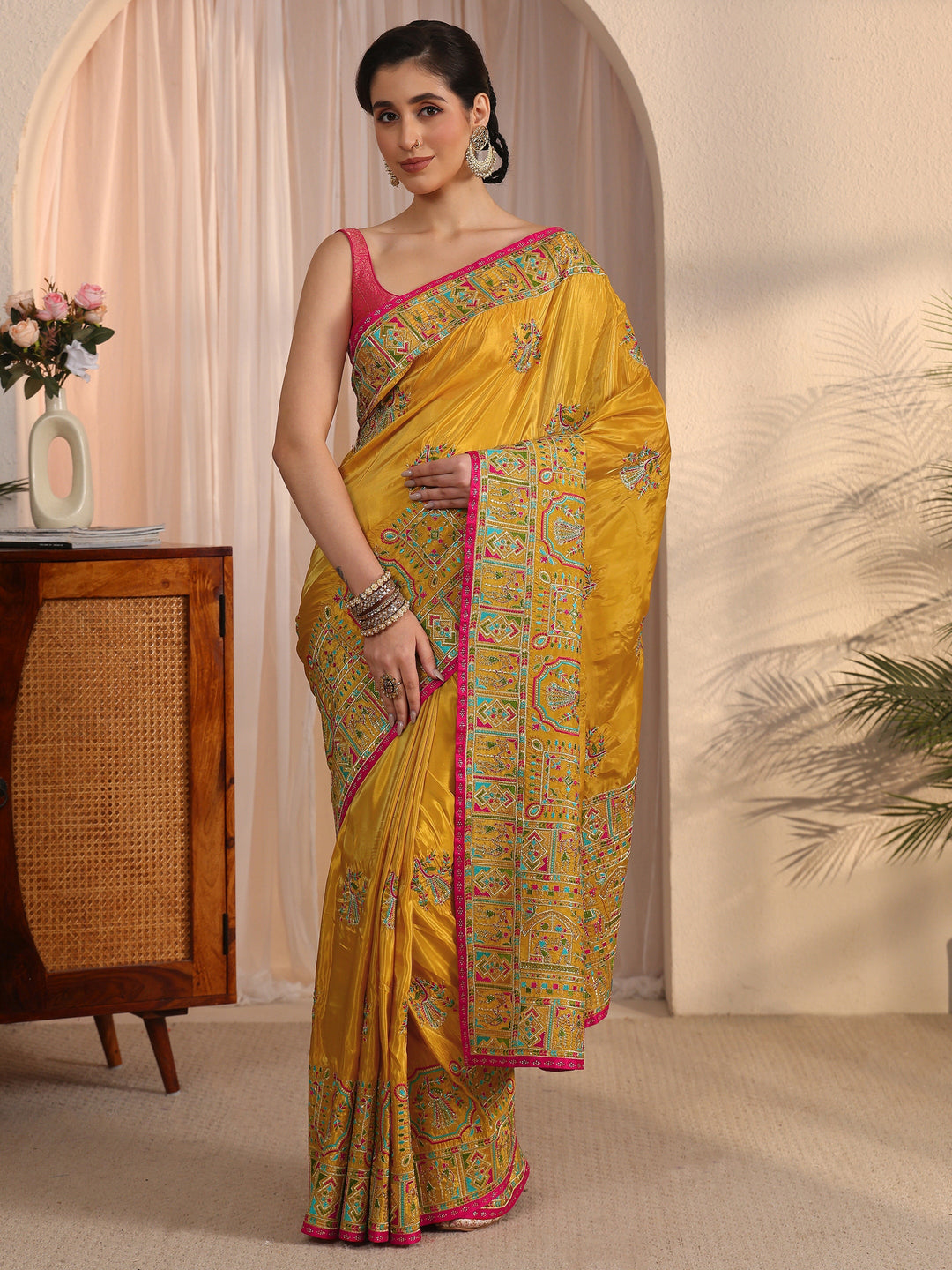 Libas Mustard Ethnic Embroidered Satin Saree