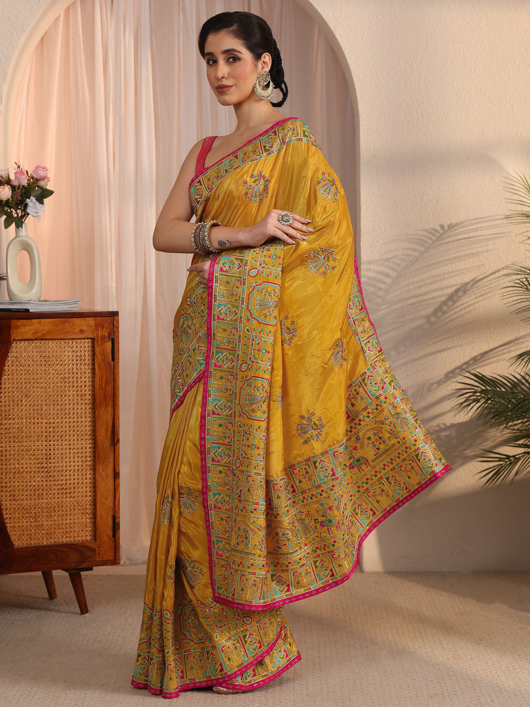 Libas Mustard Ethnic Embroidered Satin Saree