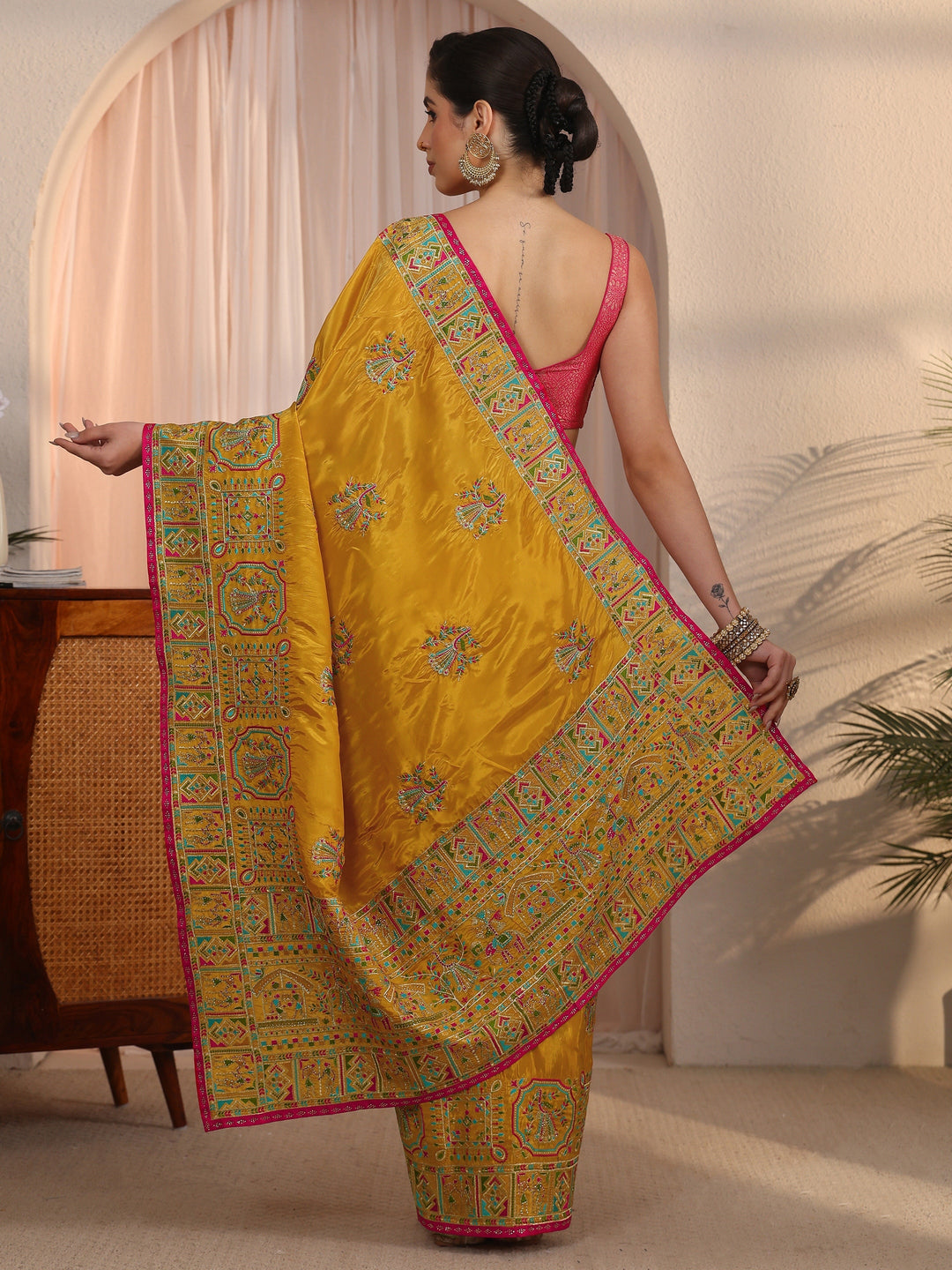 Libas Mustard Ethnic Embroidered Satin Saree
