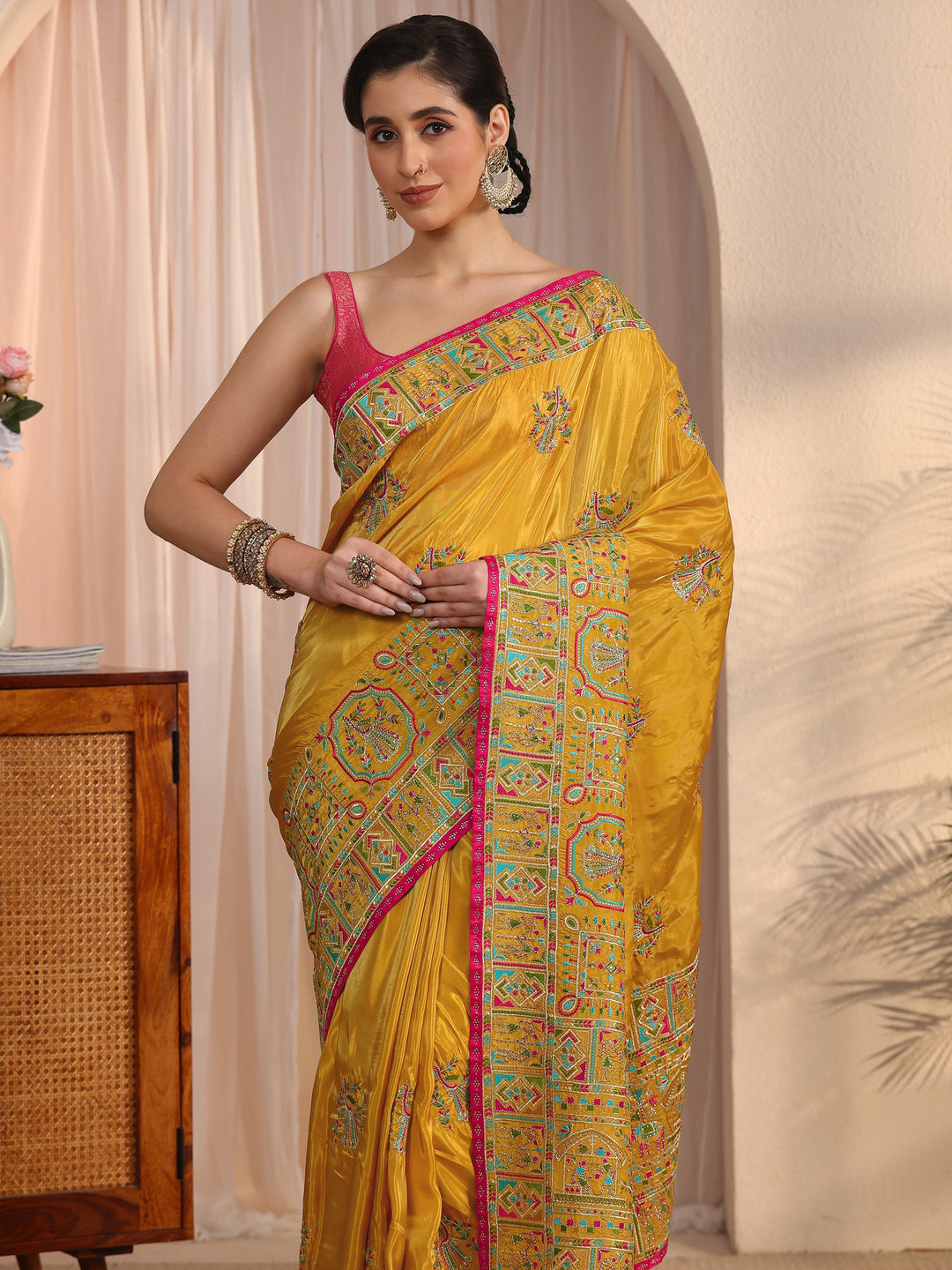 Libas Mustard Ethnic Embroidered Satin Saree