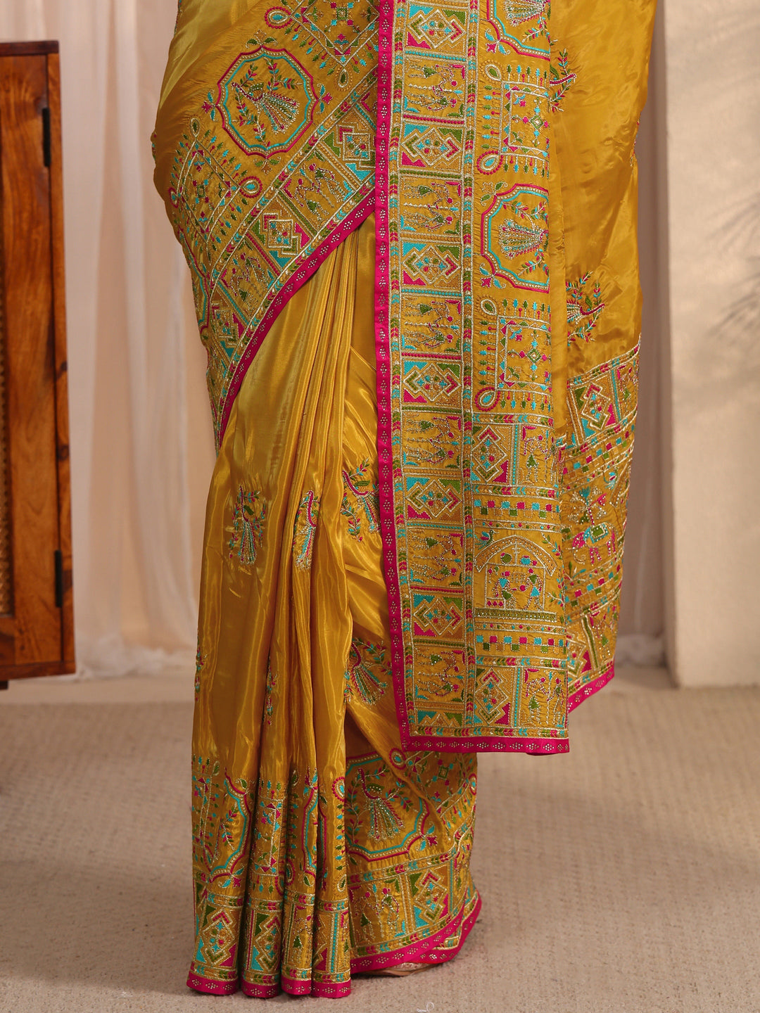 Libas Mustard Ethnic Embroidered Satin Saree