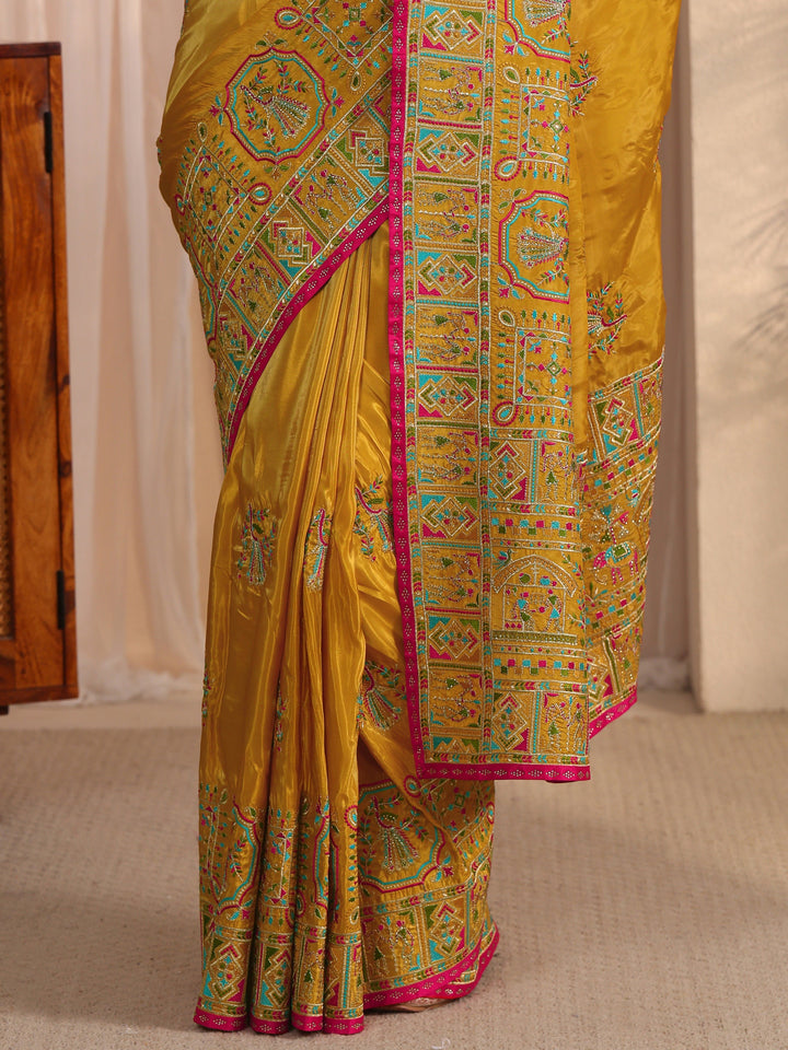 Libas Mustard Ethnic Embroidered Satin Saree